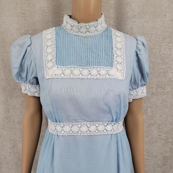 70s Does Regency Blue Maxi Dress Prarie Puffed Sleeves Union Made - Picture 5 of 14